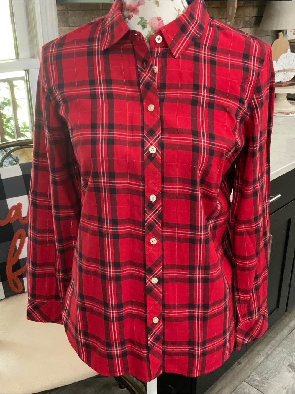 Talbots Petites MP Blouse Long Sleeve Button Front Red Plaid Holiday Preppy New